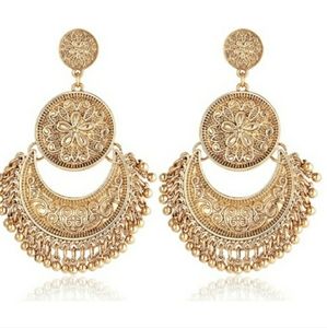 3/$30 Ethnic Brocade Lotus Dangle Earrings Gold